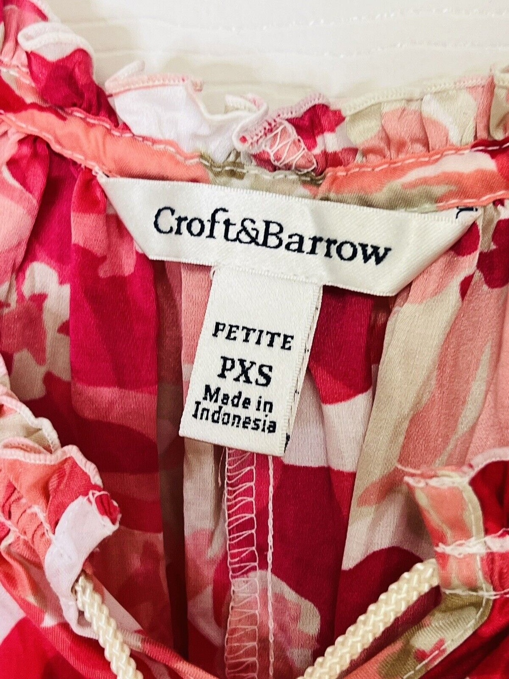 Croft & Barrow Pink White Tan Short Puff Sleeve Petite Womens Sz PXS Drawstring - Picture 5 of 7